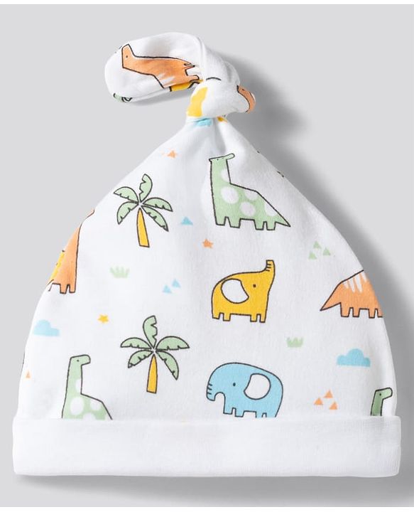 Babyhug 100% Cotton Knit Striped & Dino Printed Caps Pack of 2 Multicolor - Diameter 17 cm