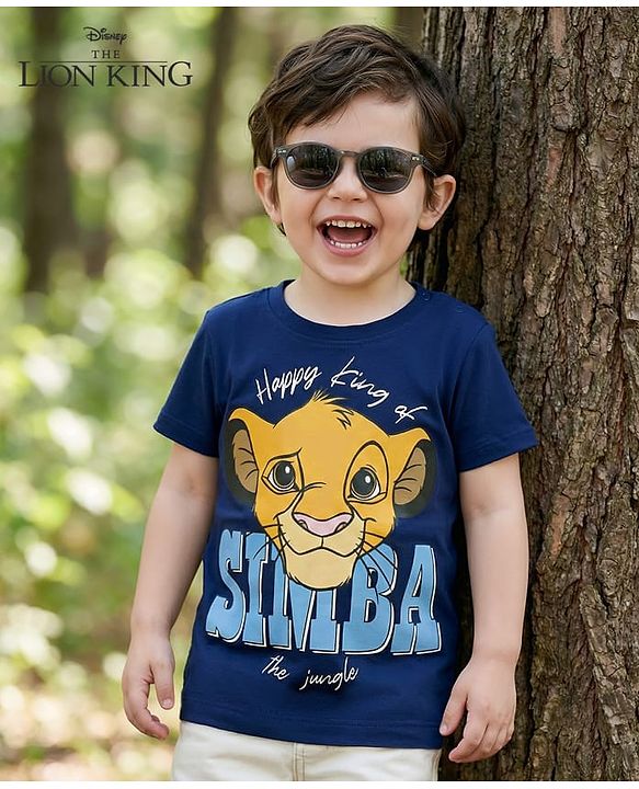 Babyhug Disney Single Jersey Knit Half Sleeves T-Shirt with Simba Graphics - Navy Blue