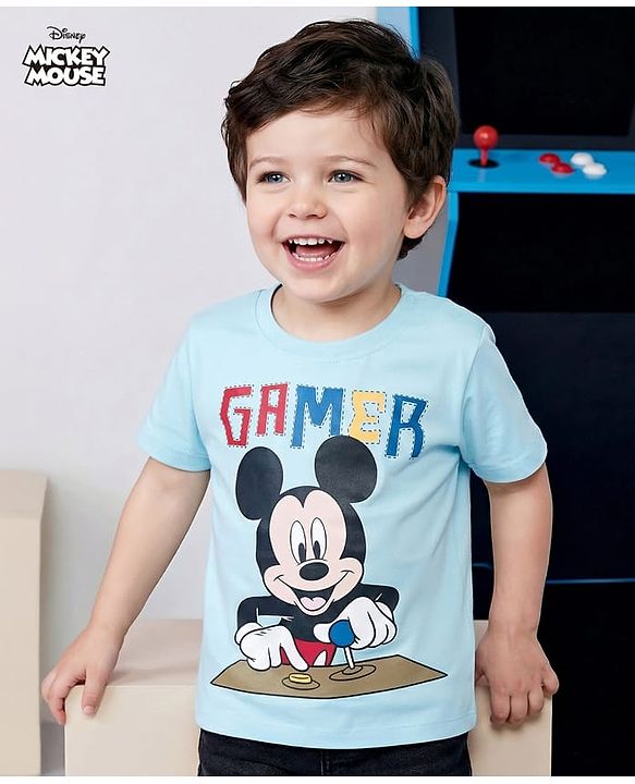 Babyhug Disney Single Jersey Knit Half Sleeves T-Shirt with Mickey Mouse Graphic - Light Blue