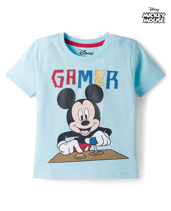 Babyhug Disney Single Jersey Knit Half Sleeves T-Shirt with Mickey Mouse Graphic - Light Blue