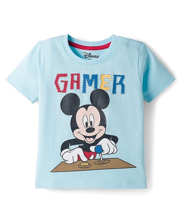 Babyhug Disney Single Jersey Knit Half Sleeves T-Shirt with Mickey Mouse Graphic - Light Blue