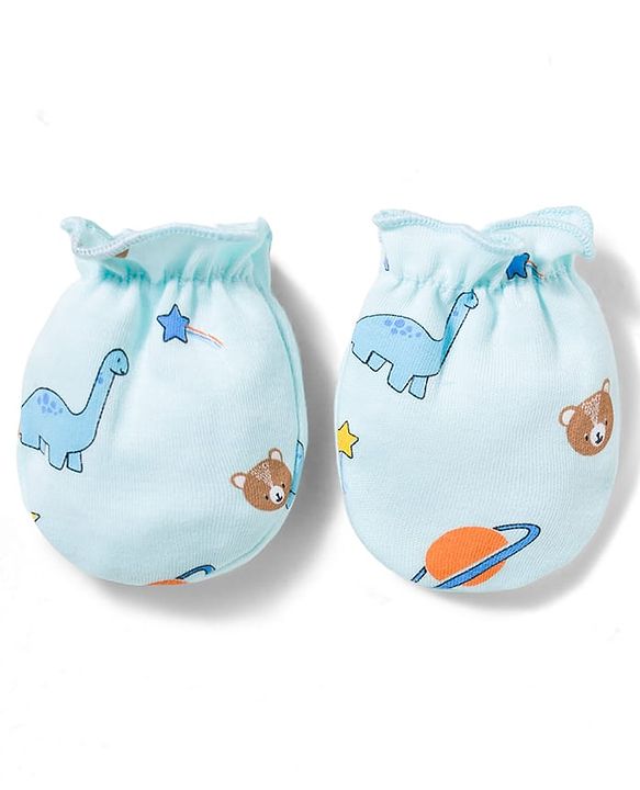 Babyhug 100% Cotton Interlock Knit Printed Cap Mittens & Booties Set Blue - Diameter 16.5 cm