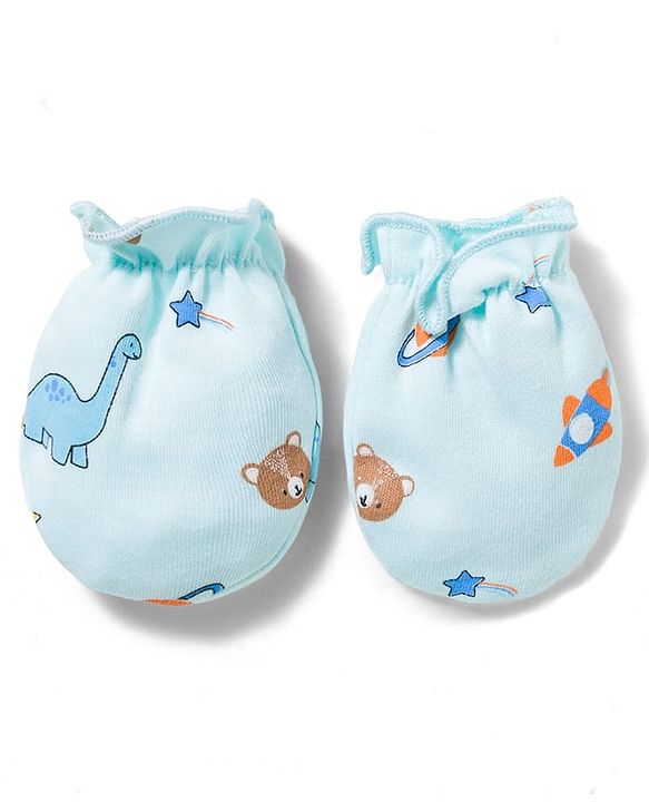 Babyhug 100% Cotton Interlock Knit Printed Cap Mittens & Booties Set Blue - Diameter 16.5 cm