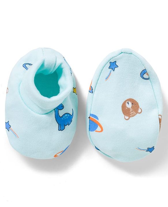 Babyhug 100% Cotton Interlock Knit Printed Cap Mittens & Booties Set Blue - Diameter 16.5 cm