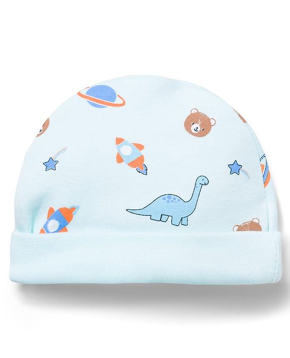 Babyhug 100% Cotton Interlock Knit Printed Cap Mittens & Booties Set Blue - Diameter 16.5 cm