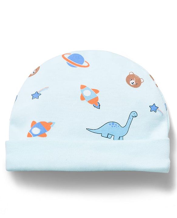 Babyhug 100% Cotton Interlock Knit Printed Cap Mittens & Booties Set Blue - Diameter 16.5 cm