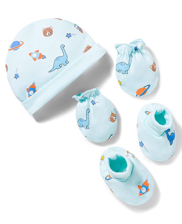 Babyhug 100% Cotton Interlock Knit Printed Cap Mittens & Booties Set Blue - Diameter 16.5 cm