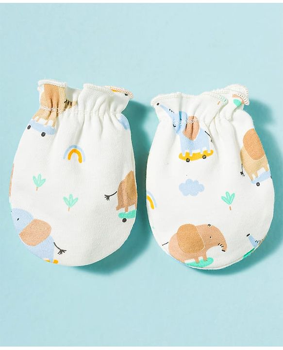 Babyhug 100% Cotton Knit Cap Mittens & Booties With Elephant Print Multicolor - Diameter 17 cm