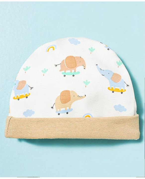 Babyhug 100% Cotton Knit Cap Mittens & Booties With Elephant Print Multicolor - Diameter 17 cm
