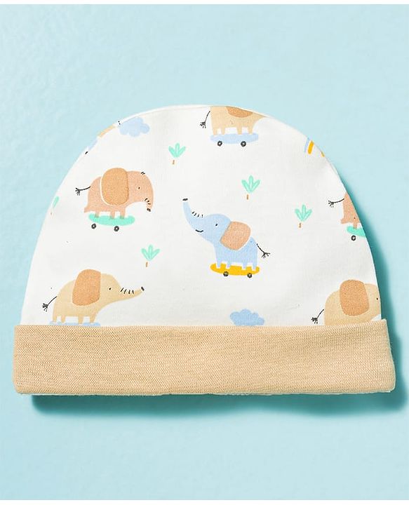 Babyhug 100% Cotton Knit Cap Mittens & Booties With Elephant Print Multicolor - Diameter 17 cm
