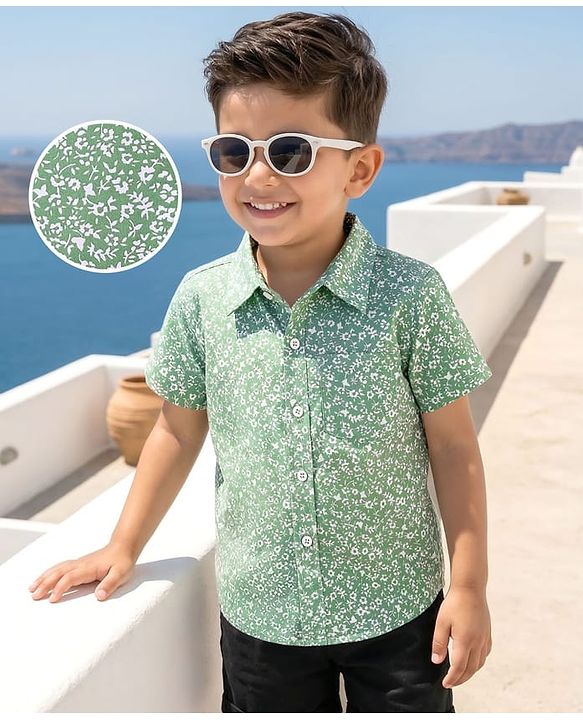 Babyhug Cotton Woven Half Sleeves Shirt with Floral Print - Sea Green