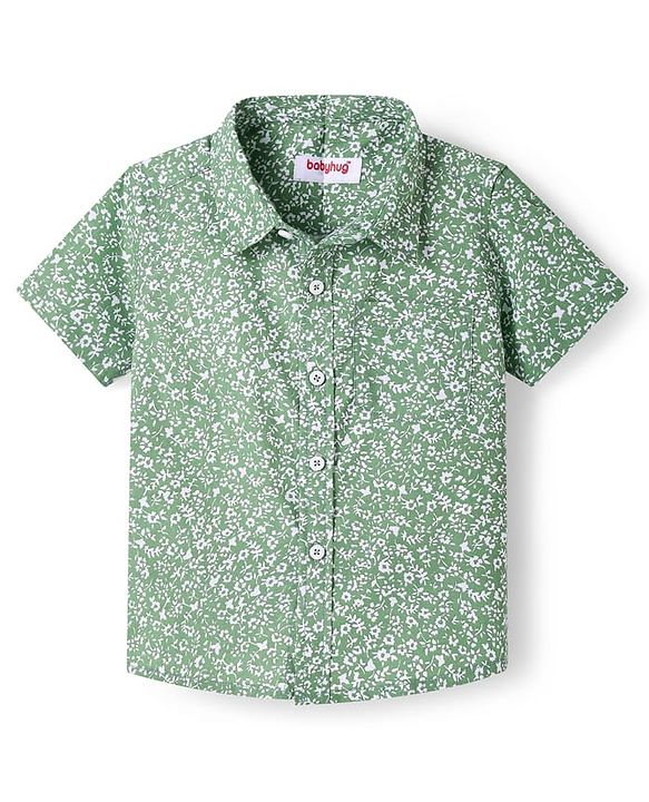 Babyhug Cotton Woven Half Sleeves Shirt with Floral Print - Sea Green
