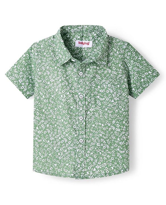 Babyhug Cotton Woven Half Sleeves Shirt with Floral Print - Sea Green