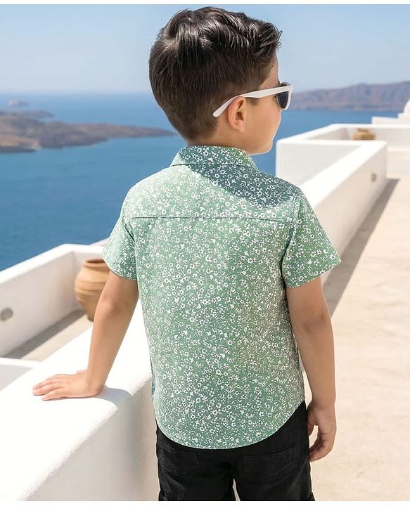 Babyhug Cotton Woven Half Sleeves Shirt with Floral Print - Sea Green