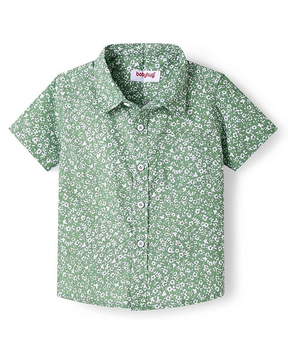 Babyhug Cotton Woven Half Sleeves Shirt with Floral Print - Sea Green
