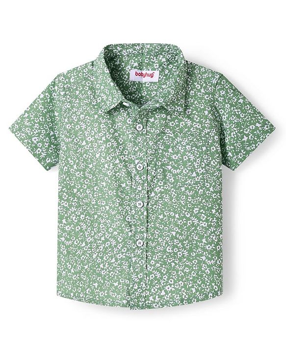Babyhug Cotton Woven Half Sleeves Shirt with Floral Print - Sea Green