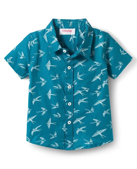 Babyhug Cotton Woven Half Sleeves Shirt With Bird Print - Blue