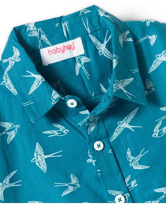 Babyhug Cotton Woven Half Sleeves Shirt With Bird Print - Blue