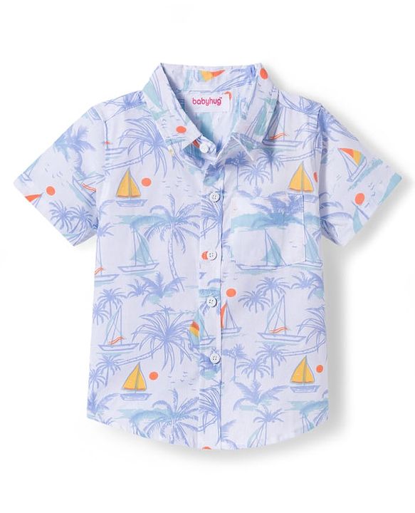 Babyhug Cotton Woven Half Sleeves Shirt With Boat Print - White