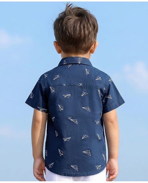 Babyhug Cotton Woven Half Sleeves Aeroplane Printed Shirt- Navy Blue