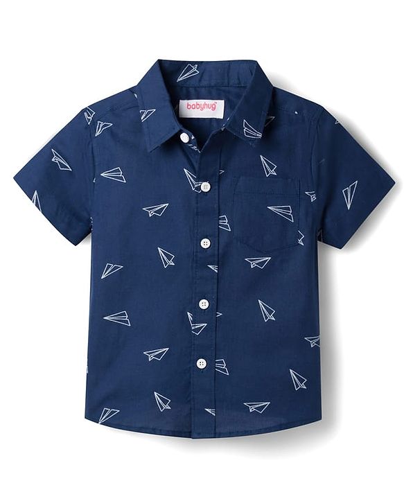 Babyhug Cotton Woven Half Sleeves Aeroplane Printed Shirt- Navy Blue