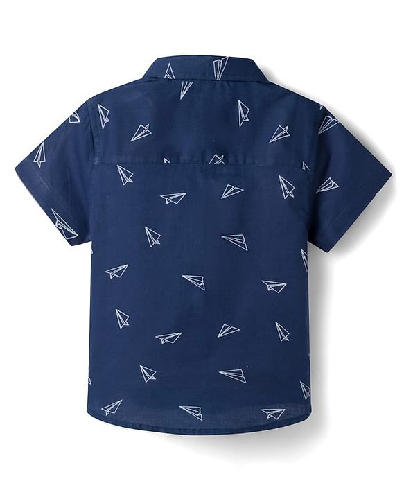 Babyhug Cotton Woven Half Sleeves Aeroplane Printed Shirt- Navy Blue