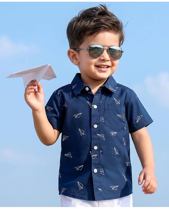 Babyhug Cotton Woven Half Sleeves Aeroplane Printed Shirt- Navy Blue