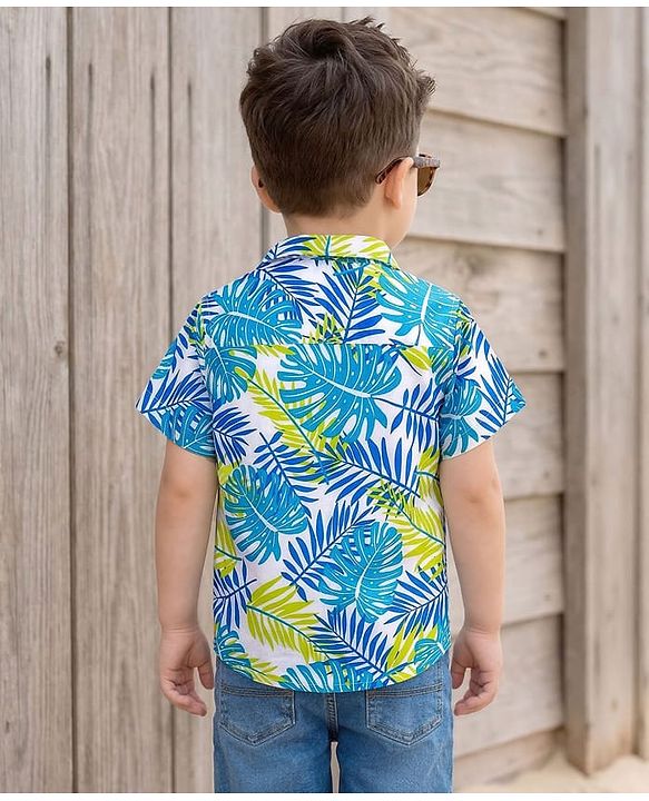 Babyhug Cotton Woven Half Sleeves Tropical Theme Printed Shirt - Blue & Green