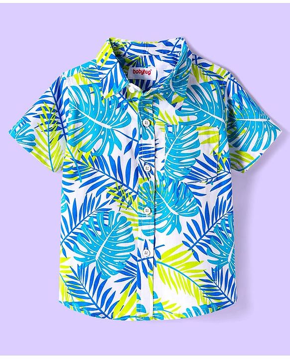 Babyhug Cotton Woven Half Sleeves Tropical Theme Printed Shirt - Blue & Green