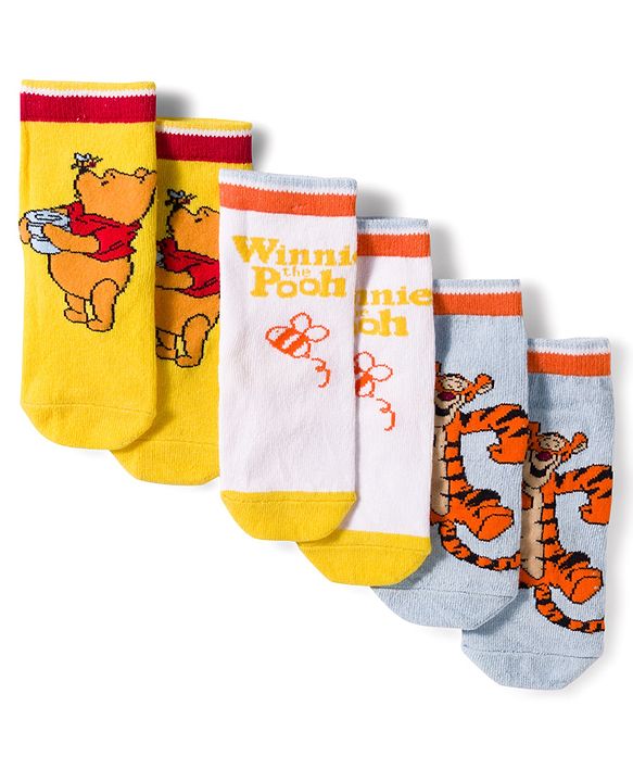 Cute Walk by Babyhug Disney Non Terry Knit Anti-Bacterial Ankle Length Socks with Winnie the Pooh Graphic Pack of 3 - Yellow & White