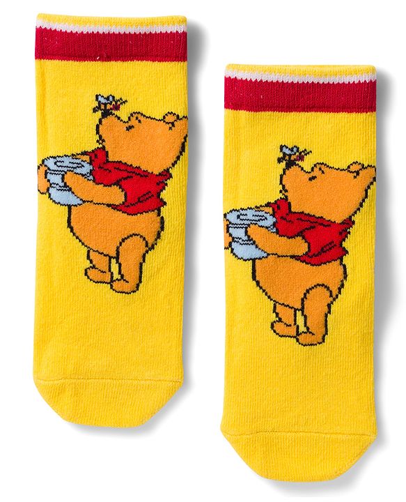 Cute Walk by Babyhug Disney Non Terry Knit Anti-Bacterial Ankle Length Socks with Winnie the Pooh Graphic Pack of 3 - Yellow & White