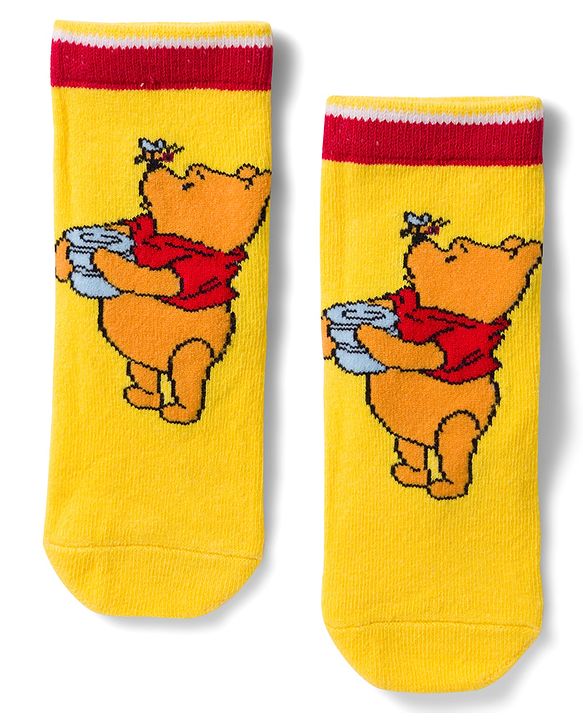 Cute Walk by Babyhug Disney Non Terry Knit Anti-Bacterial Ankle Length Socks with Winnie the Pooh Graphic Pack of 3 - Yellow & White