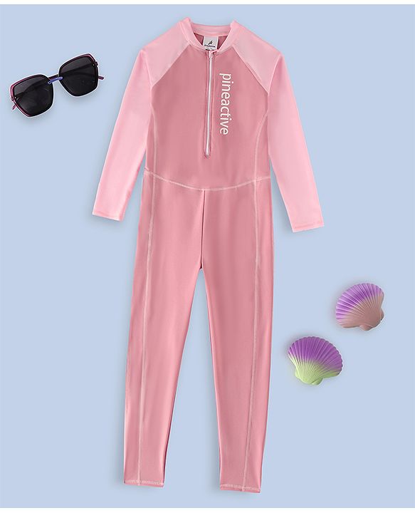 Pine Active Full Raglan Sleeves Legged Swimsuit with Brand Name Print - Pink