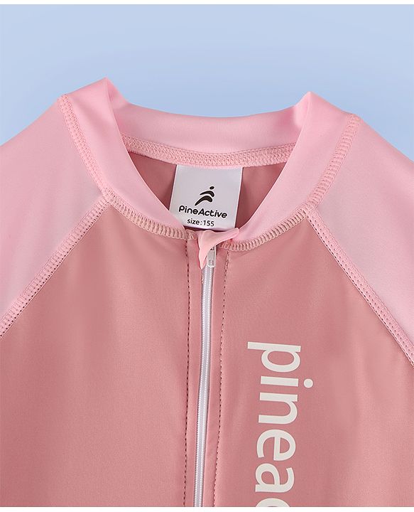 Pine Active Full Raglan Sleeves Legged Swimsuit with Brand Name Print - Pink