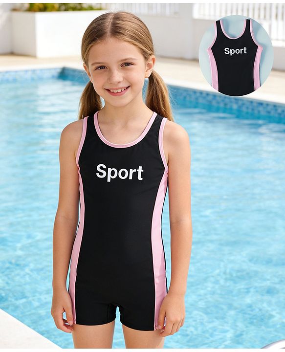 Pine Active Sleeveless Text Printed Legged Swimsuit - Black