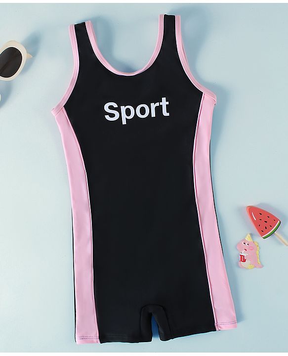 Pine Active Sleeveless Text Printed Legged Swimsuit - Black