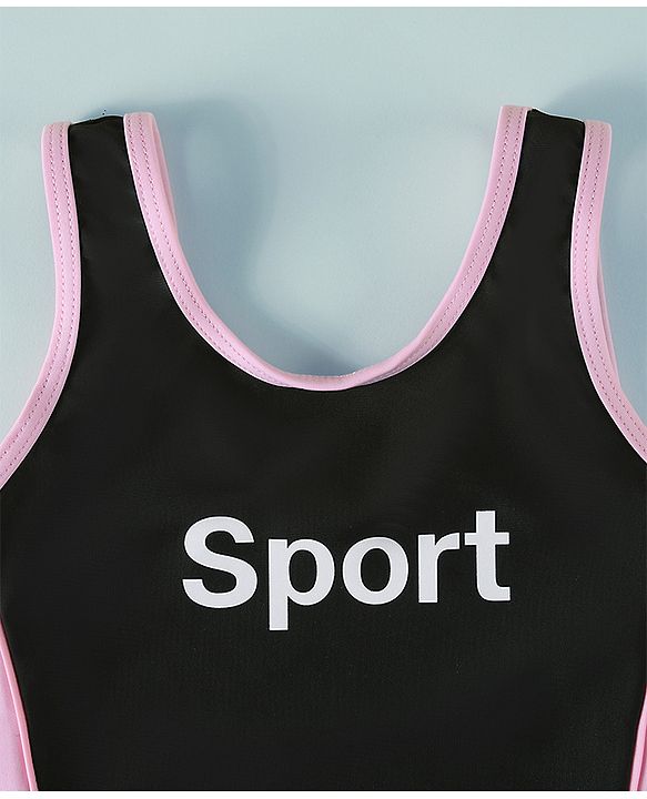 Pine Active Sleeveless Text Printed Legged Swimsuit - Black