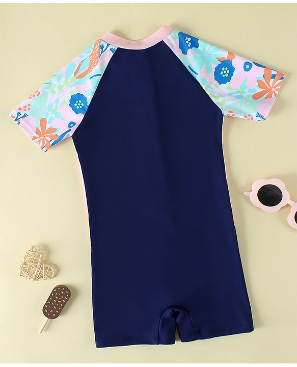 Pine Active Raglan Half Sleeves Floral Printed Legged Swimsuit - Navy Blue