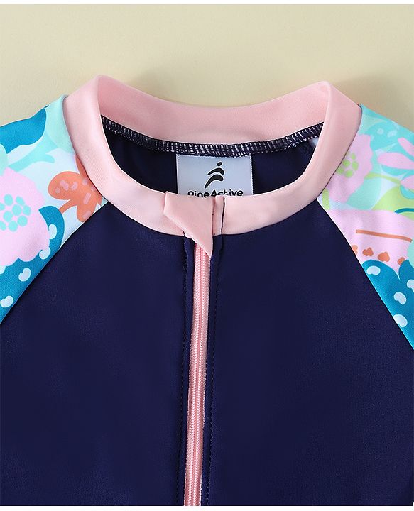 Pine Active Raglan Half Sleeves Floral Printed Legged Swimsuit - Navy Blue