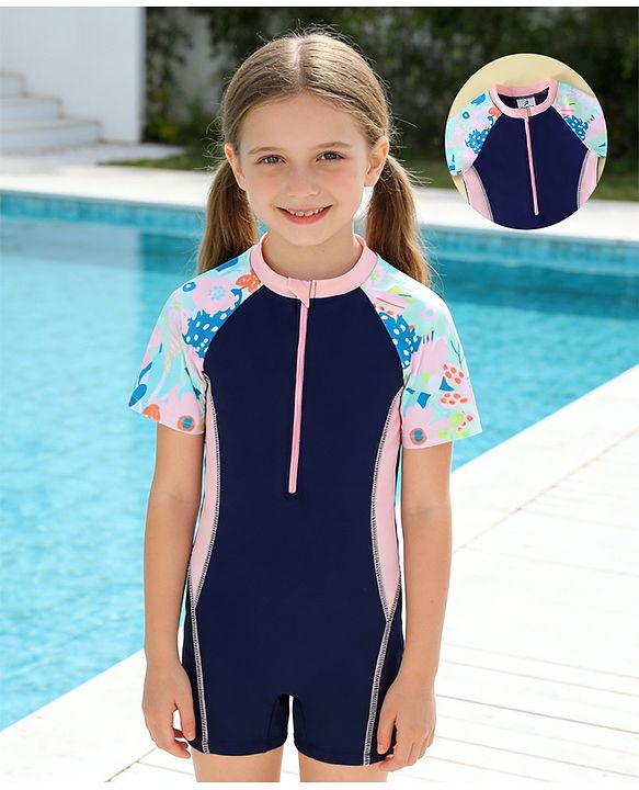 Pine Active Raglan Half Sleeves Floral Printed Legged Swimsuit - Navy Blue