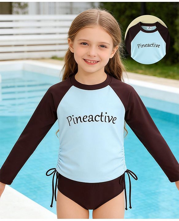 Pine Active Raglan Full Sleeves Text Printed Two Piece Swimsuit - Light Blue