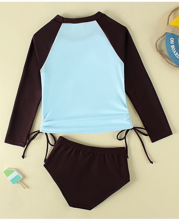 Pine Active Raglan Full Sleeves Text Printed Two Piece Swimsuit - Light Blue