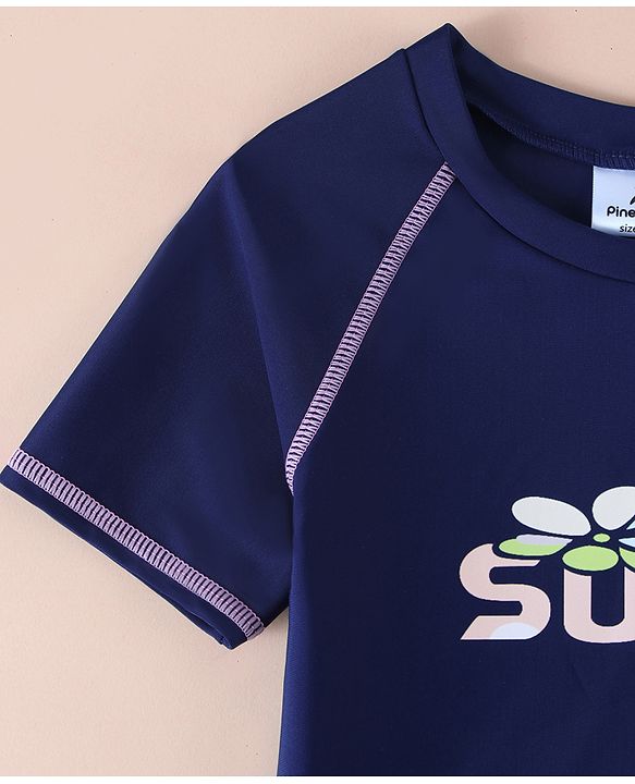 Pine Active Raglan Half Sleeves Surf Printed Two Piece Swimsuit - Navy Blue