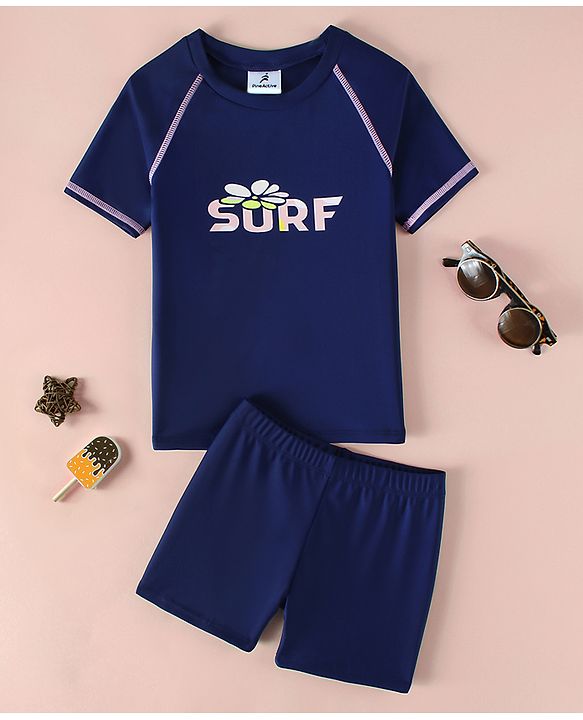Pine Active Raglan Half Sleeves Surf Printed Two Piece Swimsuit - Navy Blue
