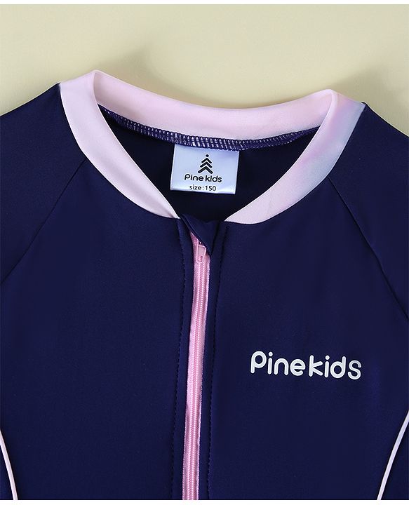 Pine Kids Half Raglan Sleeves Solid Color Frock Swimsuit - Navy Blue