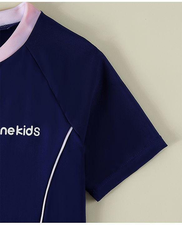 Pine Kids Half Raglan Sleeves Solid Color Frock Swimsuit - Navy Blue