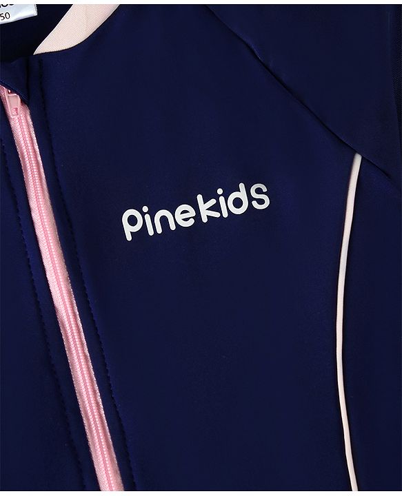 Pine Kids Half Raglan Sleeves Solid Color Frock Swimsuit - Navy Blue