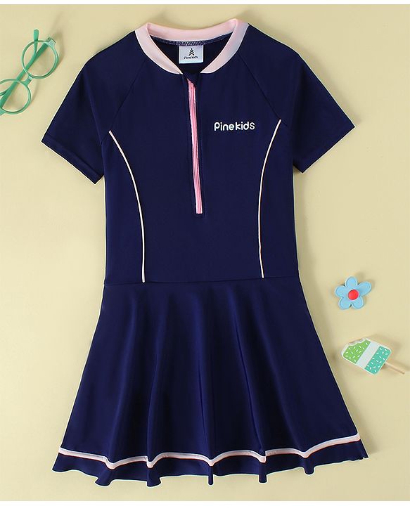 Pine Kids Half Raglan Sleeves Solid Color Frock Swimsuit - Navy Blue