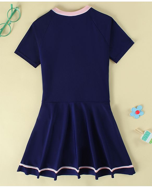 Pine Kids Half Raglan Sleeves Solid Color Frock Swimsuit - Navy Blue