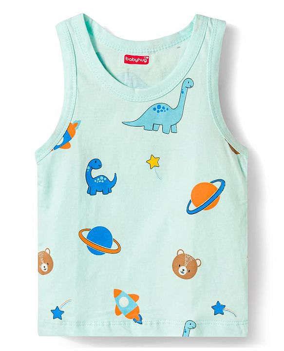 Babyhug Single Jersey 100% Cotton Dino & Star Printed Sleeveless Sandos Pack of 3 - Multicolour